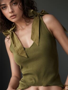 Olive Tie-Shoulder Ribbed Tank Top